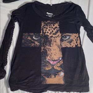 Black tiger rhinestone cross shirt